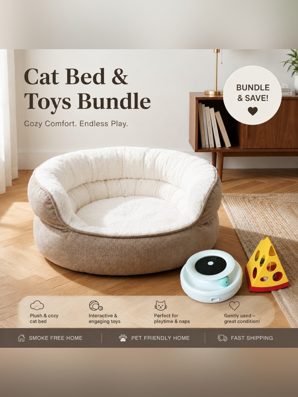 Cat Bed & Interactive Toy Bundle | Cozy Plush Bed + 2 Cat Toys | Great Condition